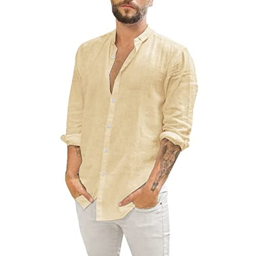 Image of Linen Shirts for Men - Mens Overshirt Button Down, Casual Men Shirts Long Sleeve, Lightweight Beach Shirt, Summer Solid Color Jacket Tops, Grandad Collar Shirts Regular Fit, Simple Work Shirt Beige
