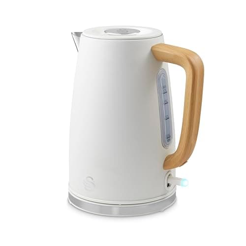 Image of Swan SK19024WHT Fjord Jug Kettle with Rapid Boil, 360 Degree Swivel Base, Wood Effect Handle, 1.7L, 3000W, White
