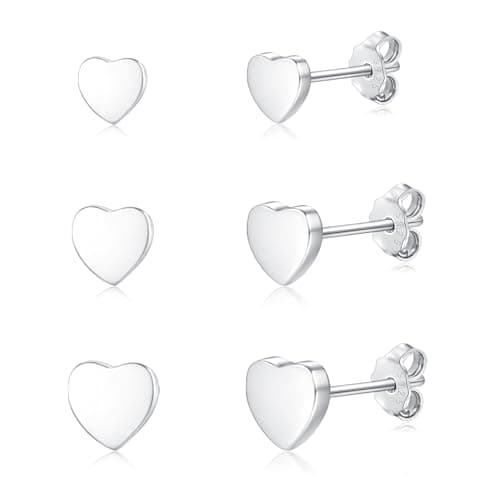 Image of Loutade Silver Stud Earrings for Women, 3 Pairs 925 Sterling Silver Heart Stud Earrings Set in 4/5 /6mm, Hypoallergenic Earrings Flat Heart - Shape Silver Earrings Tiny Cartilage Sleeper Ear Studs