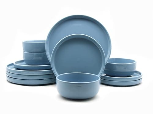 Image of Waterside 12pc Pastel Blue, Lipped Stoneware Dinnerware Set, 4 Dinner Plates, Side Plate and Bowls
