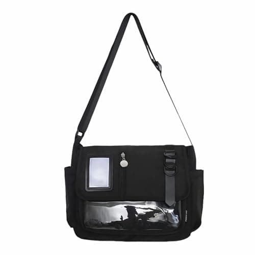Image of black ita messenger bag for women, large capacity cute pin display crossbody bags, kawaii japanese anime ladies purse with water bottle holder, y2k korean college aesthetic carteras para mujer