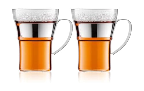 Image of Bodum ASSAM Coffee Glass Set (Double-Walled, Metal Handle, Dishwasher Safe, 0.35 L/12 oz) - Pack of 2, Shiny