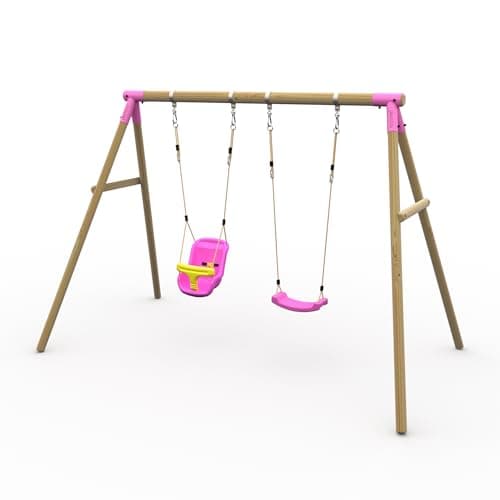 Image of Plum Play Kids Outdoor Wooden Round Pole Garden Swing Set with Ground Anchors - Safe Sturdy A Frame - Suitable for up to 50kg per accessory - Up to 5 year Warranty (Double Pink with Baby Seat)
