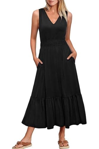 Image of Newshows Summer Dresses for Women UK V Neck Sleeveless Midi Casual Vacation Sundress with Pockets(Black,XXL)