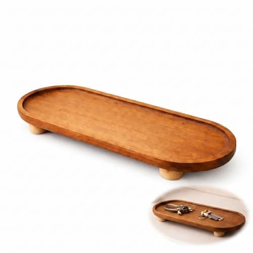 Image of Solid Wood Antique-Style Jewelry Tray - Long Oval Footed Display Platter for Vanity, Countertop & Home Decor Organisation, Handcrafted with Smooth Finish for Jewellery, Candles, Keys (Oval Tray)