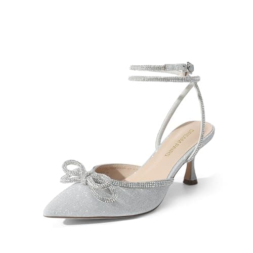 Image of DREAM PAIRS Kitten Heels Rhinestone Bow Ankle Strap Stiletto Pointed Closed Toe Heels for Women Pumps Wedding Bridal Party Dress Shoes,Size 5,Silver,DWUMPU2541