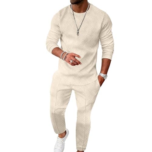 Image of UOUA Men's 2 Piece Sweat Suits Set Long Sleeve Sweatshirt Jogging Sweatpants Tracksuits Outfits Beige 3XL