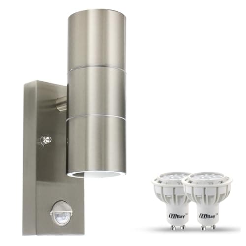 Image of HiBay Motion Sensor Outside Wall Lights Mains Powered PIR Up Down Wall Lamp Stainless Steel Waterproof Garden Security Light with 7W LED Bulbs Cool White