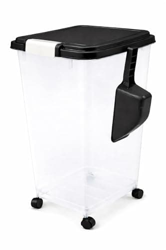 Image of raxter Pet Food Storage Container, 40L (15KG), Airtight Flip-Top Locking Lid, Transparent Plastic, with Wheels and Scoop, for Dog, Cat and Bird Food (Black)