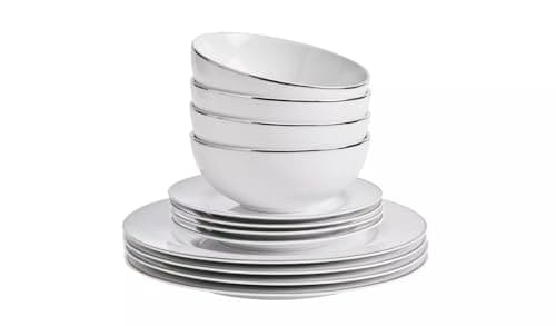 Image of Silver Rim 12 Piece Porcelain Dinner Set – White Elegant Tableware Set, 4 Dinner Plates, 4 Side Plates & 4 Bowls, Modern Dining Set for 4 People Home Kitchen Decor