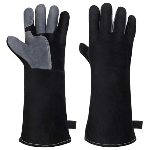 Image of AUAUY Heat & Fire Resistant Leather BBQ & Welding Gloves, Large, Kevlar Stitched, Heavy-Duty, Black