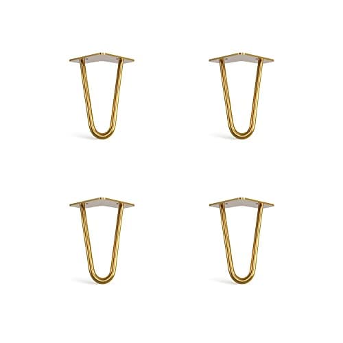 Image of 4 x Hairpin Legs with Floor Protector Feet & Screws - 15cm 2 Rod / 10mm, Gold Brass
