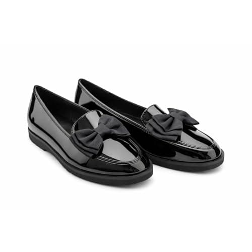 Image of kraftd Slip-On Flat Shoes for Women & Girls | Bow Front Patent Loafer Shoes | Comfortable and Lightweight Loafers for - School, Office, Everyday wear | Casual Flats for Ladies (Black,4)