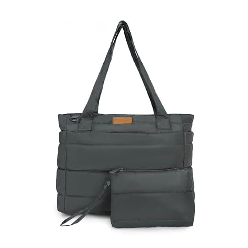 Image of DEFAHN Tote Bag for Women, Lightweight Puffer Tote Shoulder Bag with Laptop Compartment and Zipper Handbag for Travel, Beach, Gym, Work, School (Grey)