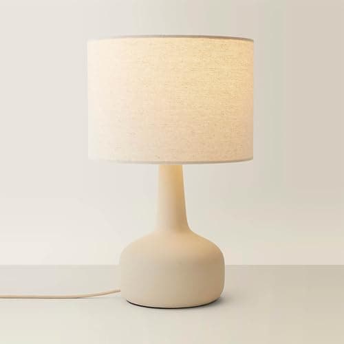 Image of ValueLights | Hayley Natural Linen Drum Shade Beige Squat Base Ceramic Stoneware Table Lamp | Table Lamps, Home Décor & Improvement Essential
