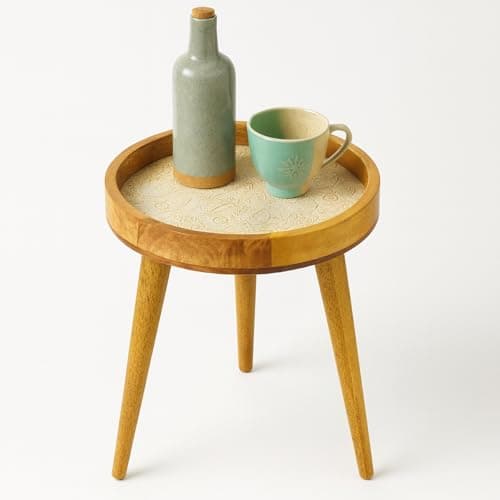 Image of Hartsmede Mango Wood Side Table 38cm – Handmade Accent with Resin-Coated Enamel Top, Detachable Legs, Lightweight Round Coffee End or Bedside Table for Living Room or Bedroom (Ivory 18")