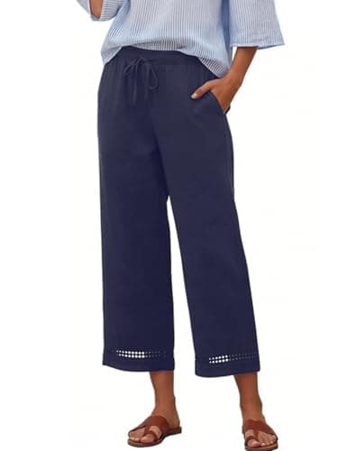 Image of ZANZEA Womens Summer Cotton Trousers Elasticated High Waist Pants with Pockets Lightweight Straight Leg Casual Trousers Navy Blue XL