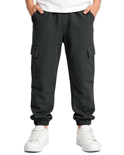 Image of LACOFIA Boys Cargo Trousers Kids Elasticated Waist Joggers School Pull On Jogging Pants Casual Slim Fit Dark Grey 4-5 Years