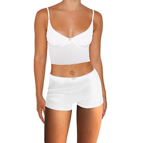 Image of YILEEGOO Women's Y2K 2 Pieces Outfit Sets Sleeveless Print Cami Tops High Waist Shorts Suit Streetwear Clothes Set (White, M)