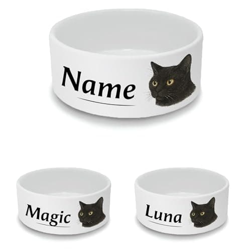 Image of Personalised Ceramic Cat Bowl - Small White Pet Food Dish with Black Cat Design - Custom Name Cat Bowl 13cm Wide x 5.5cm Deep - Ideal for Small Cats