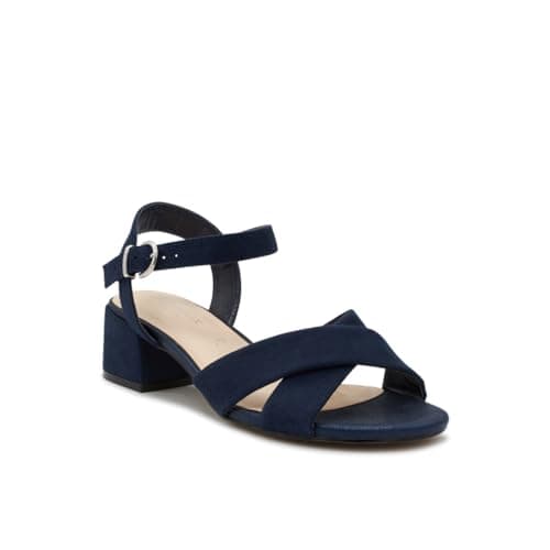 Image of Paradox London Neala Wide Fit Low Block Heel Ankle Strap Sandals with Crossover Straps, Shimmer Material, 4.5cm Heel (Navy, UK Footwear Size System, Adult, Women, Numeric, Wide, 5)