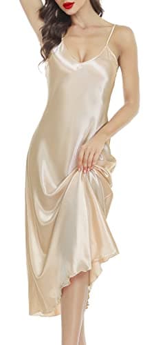 Image of Lovasy Satin Nightdress for Women UK Long Negligees Strap Chemise Silk Nighties for Women V Neck Full Slips Sleepwear Nightwear,Champagne,L