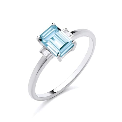 Image of Old English Jewellers 9ct White Gold Aquamarine & Baguette Cut Diamond 3 Stone Ring size K to S (M)