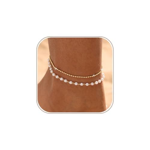 Image of Tasiso Ankle Bracelets for Women 14K Gold Plated Anklets for Women Waterproof Adjustable Pearl Bead Beaded Layered Sparkling Dainty Anklet Set Beach Summer Foot Jewelry in Gift Box