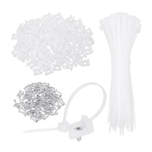Image of sourcing map 100pcs 22.6mm Cable Tie Saddle Type Mounts Base with 150mm Cable Zip Ties and M5 Tapping Screws M6 Hole, Wire Organizer Holder Clamps Set, White