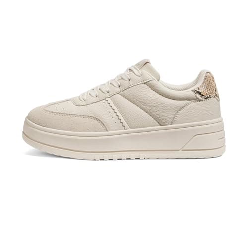 Image of LUCKY STEP Women's Lace Up Platform Sneakers Thick Sole Comfortable Casual Fashion Faux Leather Tennis Low Top Walking Shoes (Beige, 8US-38EU-5UK)