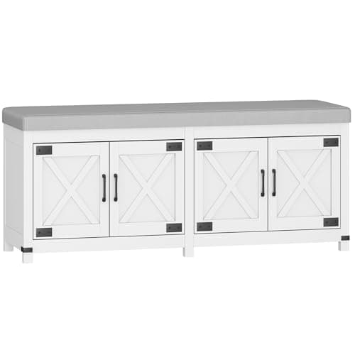 Image of Hzuaneri Shoe Storage Bench with Padded Seat, 2 Tier Shoe Rack Bench with 4 Barn Doors, Adjustable Shelves, Shoes Cabinet with Cushion for Hallway, Living Room, Entryway, White SB31203GY