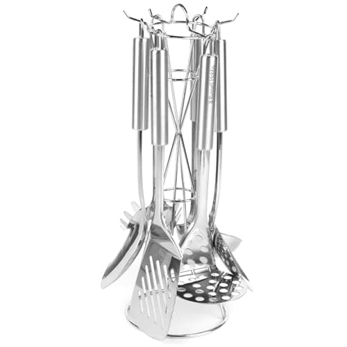 Image of Russell Hobbs 6-Piece Kitchen Utensil Set – Stainless Steel Kitchen Tools with Holder, Includes Soup Ladle, Spaghetti Spoon, Slotted and Solid Spoon, Slotted Spatula and Potato Masher