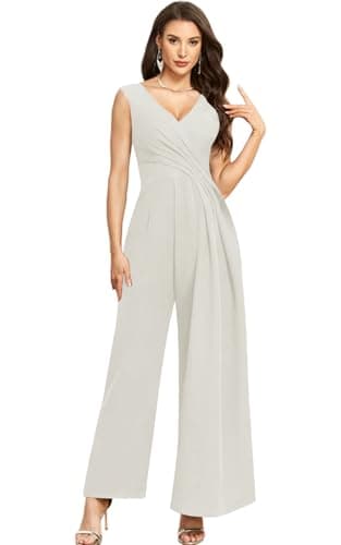 Image of BITYIO Womens Summer Jumpsuits Dressy Casual One Piece Outfits Sleeveless Ruched Split Side V Neck Satin Ivory Jumpsuits with Pockets