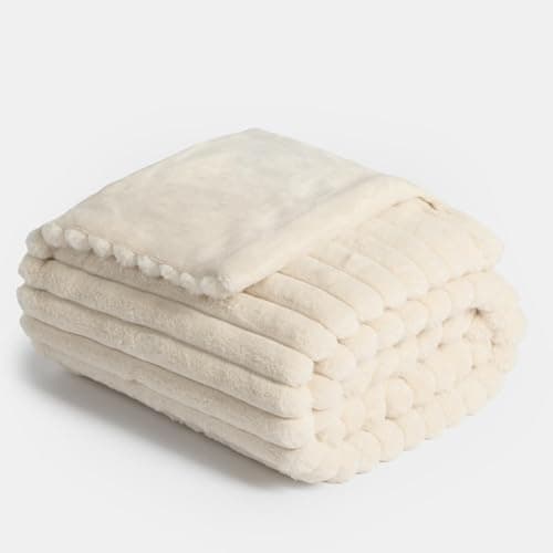 Image of OHS Faux Fur Ribbed Throw Blanket for Sofa, Super Soft Cosy Warm Winter Thick Fleece Blanket for Bed Decorative Fluffy Double Bed Throws Over Sofas Couch, Natural - 150 x 200cm