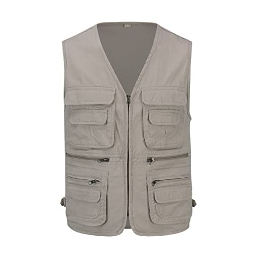 Image of YOUTHUP Mens Gilet Multi Pocket Cargo Utility Safari Waistcoat Outdoor Fishing Hunting Vest,Khaki,L