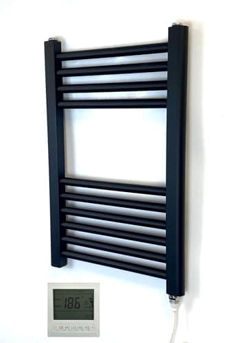 Image of Greened House Black Electric Flat Heated Towel Rail Bathroom Radiator with 7 Day Programmble Timer/Thermostat (400mm W x 600mm H + 7 Day Timer/Thermostat)
