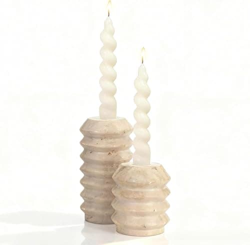 Image of WORHE Candle Holders Italy True Natural Travertine Stone 0.4" Thick Set of 2 Marble Candlestick Holder for Christmas Wedding Dinning Party Candle Stand for 3/4 inch Candles Color Beige White ZT002