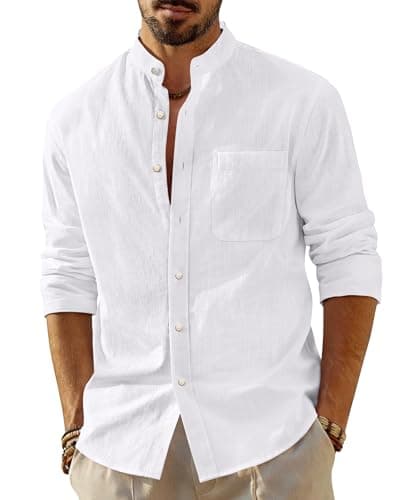 Image of J.VER White Shirt Men Long Sleeve Cotton Linen Grandad Collar Summer Casual Banded Collar Mens Shirts Solid Beach Holiday Tops M
