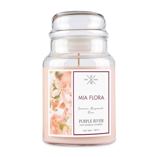 Image of Purple River Large Scented Candle in Glass with Lid | Mia Flora | Scented Candle Flower | Candles Long Burning Time | Soy Wax Candle | Room Fragrance for Home