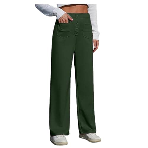 Image of Wide Leg Trousers for Women UK Tailored Office Work Stretch Yoga Pants Ladies Elasticated High Waisted Button Multiple Pockets Pull On Straight Leg Jogger Bottoms Casual Leisure Trousers Dark Green