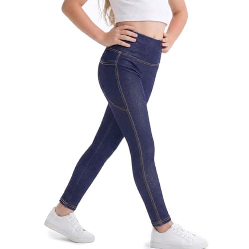 Image of viiotu Girls Jean Look Leggings High Waist Girls Jeggings with Pockets Kids Jeans School Trousers for 5-13 Years (UK, Age, 11 Years, 12 Years, Regular, Navy)