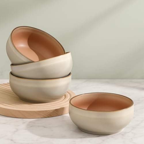Image of Ava Nord Stoneware Ceramic Cereal Bowls Set of 4, 21 oz | Lead-Free, Cadmium-Free | Microwave and Dishwasher Safe | for Soup, Salad, Rice, Dessert, Ice Cream | Nordic Design | Terracotta/Sage Ash