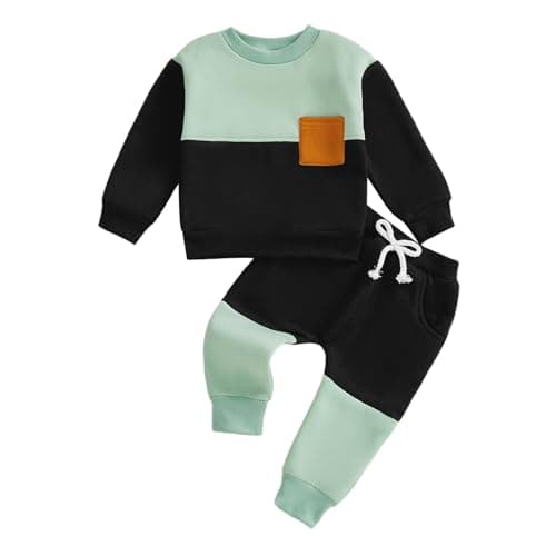 Image of Barbotimer Infant Toddler Baby Boy Autumn Winter Clothing Set Color Block Sweatshirt Long Sleeve Pullover Tops Solid Jogger Pants 2Pcs Tracksuit Set Warm Clothes (Black, 2-3 Years)