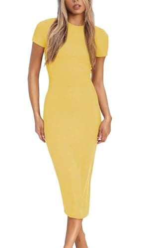 Image of LACOZY Summer Short Sleeve Dresses Women Bodycon Midi Dresses Black Sexy Slim Fit Party Mini Dresses 2025 Fashion Clothing Yellow