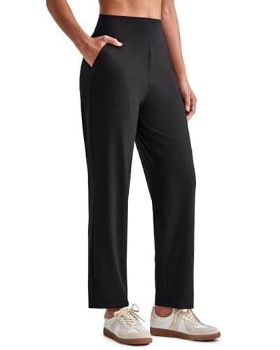 Image of G4Free ShiftReady Straight Leg Trousers for Women UK Ankle Length Yoga Pants with Pockets Elasticated High Waisted Stretch Trousers Casual Smart Pants(Black,M,Regular)