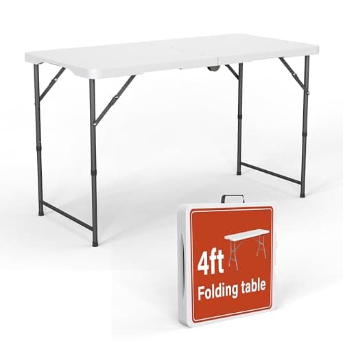 Image of 1.22m Rectangle Folding Trestle Table with Adjustable Legs Outdoor Picnic Portable Folding Table for Camping, Parties, Garden, BBQ, Beach, Indoor & Outdoor Use, Party Catering 4ft 122x60x74cm White