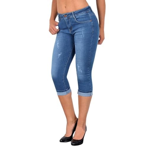 Image of Denim Capri with Pockets - Women's 3/4 Length Trousers, High Waist Slimming Cut Off Jeans, Comfy Pull in Tailored Pants with Scratch Flap