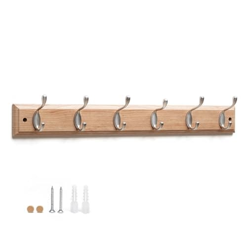 Image of Flatro Coat Hooks Wall-Mounted | MDF with a Bamboo Finish Coat Rack with 6 Zinc Alloy Hooks to Hang Hats, Jackets, Bags, Keys, Towels | Best for Home Entrances, Bedrooms, Bathrooms | Fixings Included
