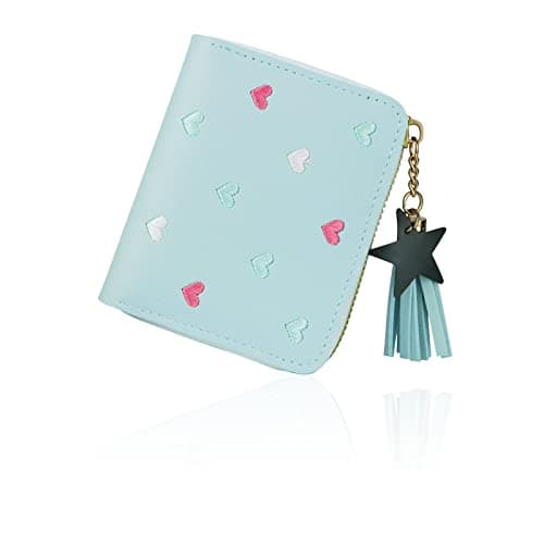 Image of FuninCrea Ladies Purse Wallet with Star Pendant, PU Leather Purse with Card Slots and Compartments, Lady Credit Card Holder with Zipper, Solid Color Wallet with Embroidery Heart Pattern (Blue)
