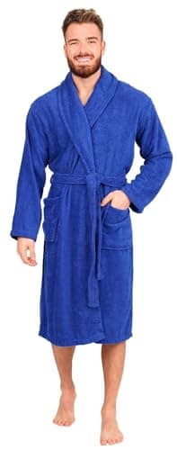 Image of Adore Home Mens 100% Cotton Bathrobe Terry Towelling Shawl Collar Bath Robe Dressing Gown, Royal Blue, L